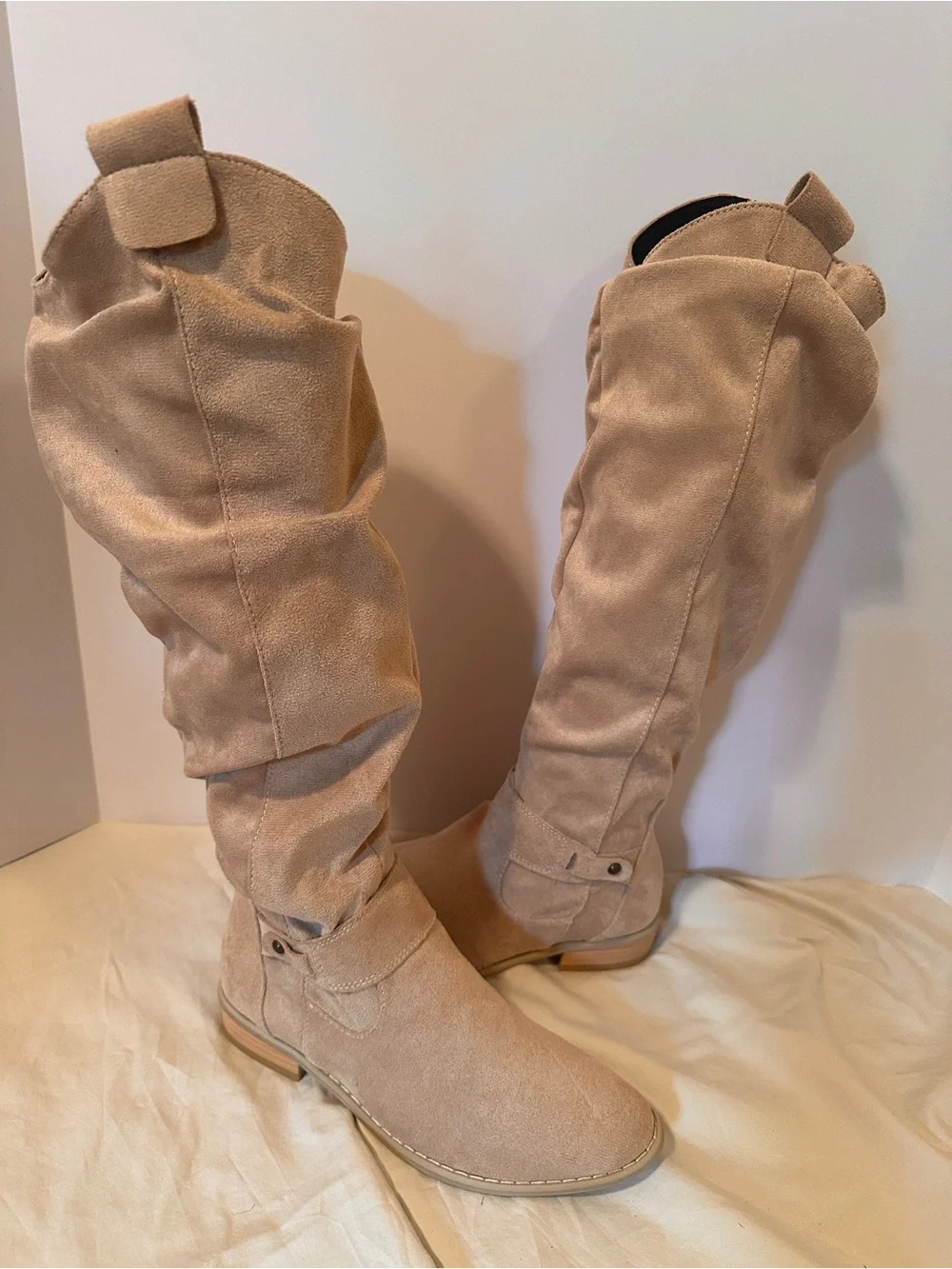 Women's Over-the-Knee Slouch Boots in Light Beige Suede